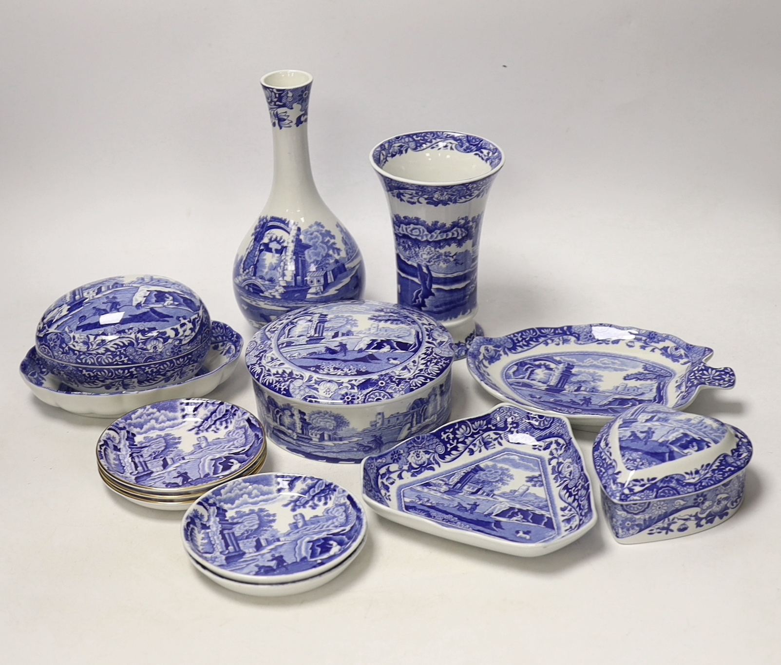 A collection of Spode Italian blue and white trinket boxes, dishes and two vases, (13)